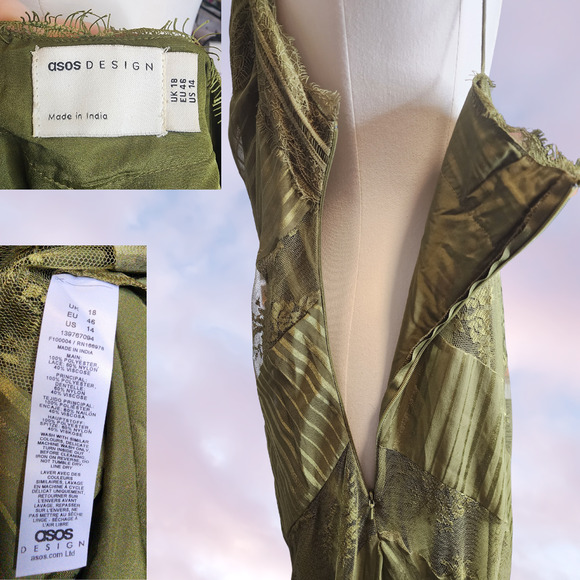 Asos Green Lace Insert Stripe Panel Long Maxi V-Neck Patchwork Satin Dress Sz 14 - Picture 7 of 7